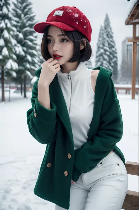 best quality, 4k, 8k, Detailed faces, clear face, a pretty girl,Exquisite Makeup, Red lips,laugh, perfect body,shoulder-length straight black bob hair,Green baseball cap,small breasts,thigh,slim,thin, The girl wears a brown woolen coat, Underneath the jack...