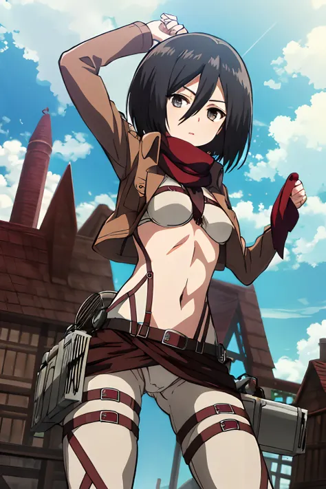 Master Parts, Best Quality, Haute, hmmikasa, Short hair, Black eyes, red bra, Underwear, Scarf, Thigh strap, red scarf, attack on titan