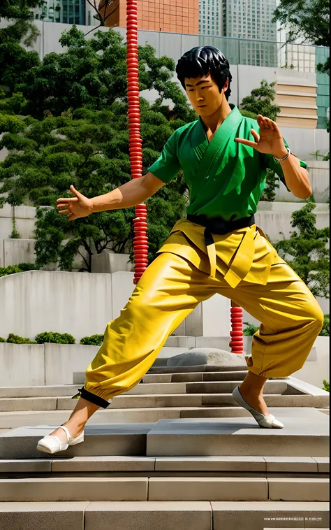 Statue of a man in a karate pose in front of a building, inspirado em Liao Chi-chun, inspirado em Shen Quan, inspirado em Ma Quan, bruce lee, bronze statue, statue, Retrato de Bruce Lee, 3d statue!!!, a statue, inspirado em Zhao Mengfu, inspirado em Sheng ...