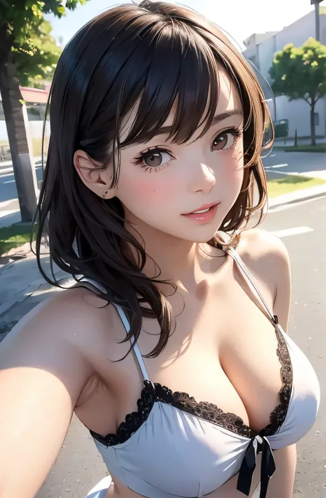 girl in summer clothes, top shot,((selfie)), brown eyes, random background, kiss, beautiful, medium breasts, flirtatious look, ((very detailed)), (perfectly detailed face), (well detailed hand), photorealistic image.