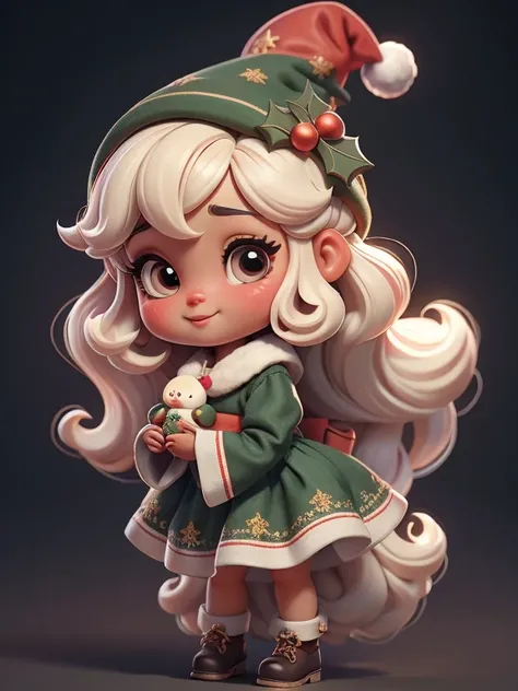 Crie fantasias de boneca afro fofas estilo Chibi com temas fofos de christmas., Each piece has a lot of detail and 8K resolution.. All dolls must follow the same and complete stable background pattern in the image., programa (corpo inteiro, incluindo perna...