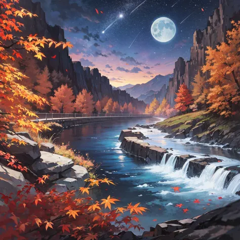 Silver-white moon, late autumn starry night, Hanfu man, wide-angle lens, picture quality masterpiece, 8K high resolution, streamer special effects, particle special effects, shooting stars crossing, rapids rushing, maple leaves falling, cliffs, ancient atm...