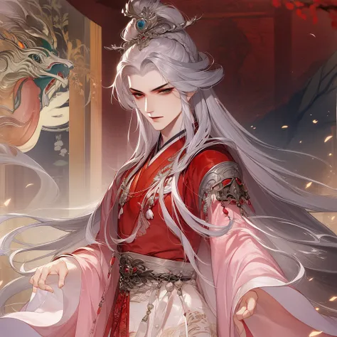 best qualtiy，tmasterpiece，highly detailed wallpaper，1 handsome man、pretty eyes，Character standing drawing，malefocus，brunette color hair，long whitr hair，Kingly temperament，The Royal Palace of Asian Architecture，详细的脸，gorgeous hair accessory，Red clothes，looki...