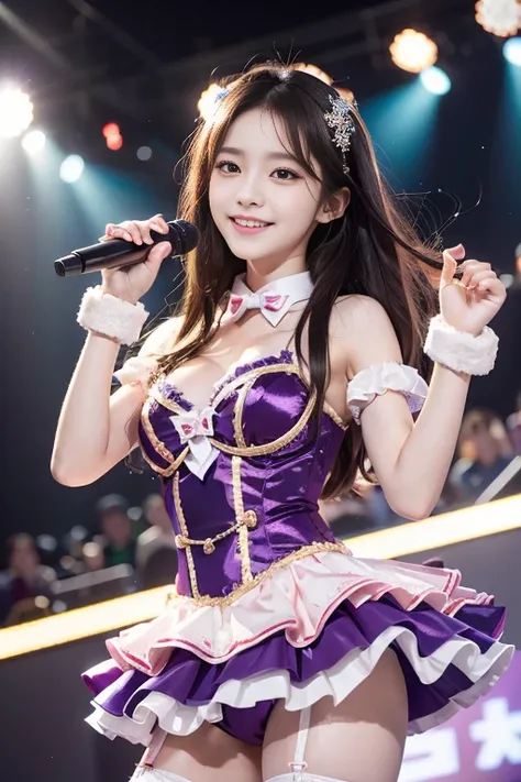 Realistic, Photorealistic, Masterpiece, Best Quality, One Girl, Solo, In the Stage, Stage Lighting, Stage Spotlight, Look At Audience, Smile, idol_singing_costume, (pureerosface_v1:0.8),Korean Idol,Nogizaka Idol,Actress,Gravure Idol