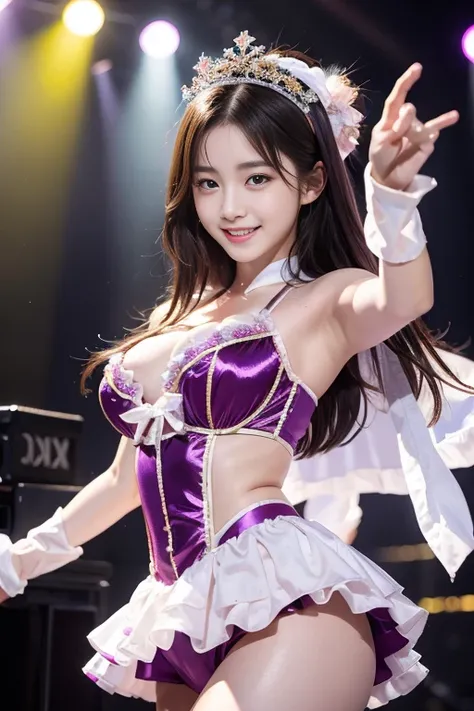 Realistic, Photorealistic, Masterpiece, Best Quality, One Girl, Solo, In the Stage, Stage Lighting, Stage Spotlight, Look At Audience, Smile, idol_singing_costume, (pureerosface_v1:0.8),Korean Idol,Nogizaka Idol,Actress,Gravure Idol