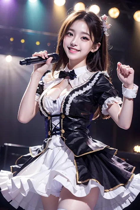 Realistic, Photorealistic, Masterpiece, Best Quality, One Girl, Solo, In the Stage, Stage Lighting, Stage Spotlight, Look At Audience, Smile, idol_singing_costume, (pureerosface_v1:0.8),Korean Idol,Nogizaka Idol,Actress,Gravure Idol