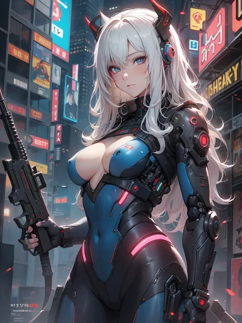 girl with, cyberpunkcity、Beautiful Girl Cyborg Cyberpunk, Color combination of blue and red and black machine suit, Body full of machines,  Asian skin tone, beautidful eyes, beautiful asian face, Cyber Machines（Holding a rifle 1:4）, Realistic Machines, Lon...