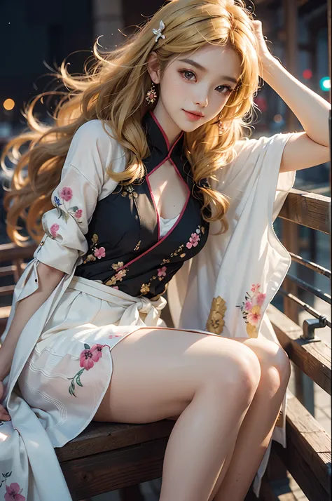 ((knee shot)), Shot from a random perspective, 20-year-old Asian model, slim, Slimming the waist, curlies, White cool hanfu, ancient wind, China-style, Floral, Pattern, Long brownish-yellow hair, Beautiful hairpins, warm lights, Warm tones Slender legs, Cr...