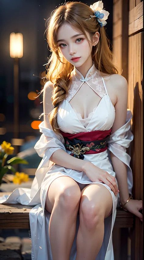 ((knee shot)), Shot from a random perspective, 20-year-old Asian model, slim, Slimming the waist, curlies, white hanfu, cropped shoulders, Sheer tulle shawl, ancient wind, China-style, Floral, Pattern, Long brownish-yellow hair, Beautiful hairpins, warm li...