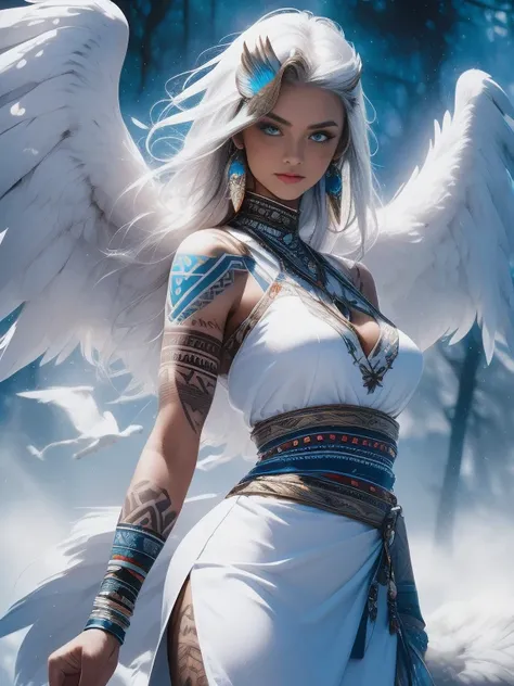 masterpiece, Cowboy shot, (1woman), (white fox), (tribal dress:1.2), (beautiful blue eyes), ((tribal (Eagle) tattoo)), white and blue colors, foggy background, dynamic pose, (looking at viewer), (front view), (from sky), (bokeh:1.2)