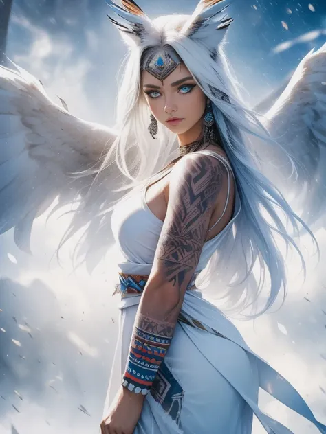 masterpiece, Cowboy shot, (1woman), (white fox), (tribal dress:1.2), (beautiful blue eyes), ((tribal (Eagle) tattoo)), white and blue colors, foggy background, dynamic pose, (looking at viewer), (front view), (from sky), (bokeh:1.2)