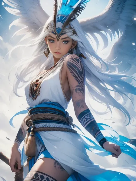 masterpiece, Cowboy shot, (1woman), (white fox), (tribal dress:1.2), (beautiful blue eyes), ((tribal (Eagle) tattoo)), white and blue colors, foggy background, dynamic pose, (looking at viewer), (front view), (from sky), (bokeh:1.2)