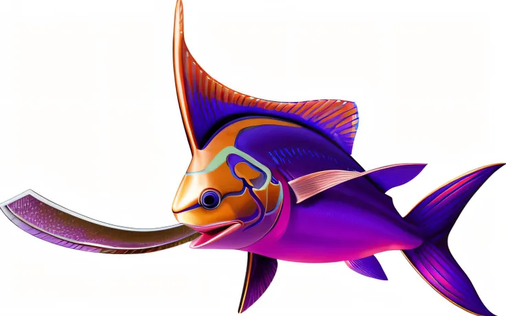 a close up of a marlin with a long tail and a long saberlike nose, a purple fish, exotic fish, drawn with photoshop, a digital rendering, highres, digital collage, digital art - n 5, ray, half fish, stylized digital illustration, colorful fish, deep sea fi...