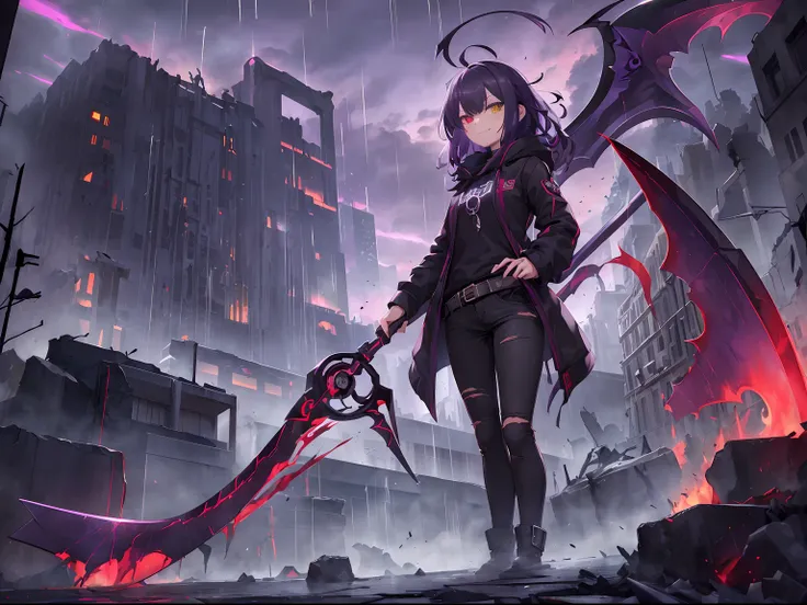 1girl, (purple (messy) hair:1.3), dark red hairpin, bloody red eyes, (heterochromia:1.2), glowing eyes, (unusual pupils), [scarred left eye], black (ripped) coat with faint glow, black heels, hood on, black jeans, black (oversized) sweater, (scythe with pu...