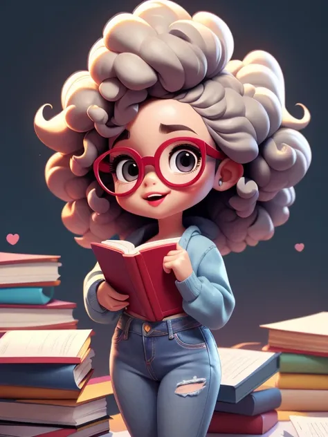 estilo chibi, jeans, fofo, sorrir, Afro Girl holding a book while wearing glasses, master part, Estilo 3dm, Olhe para o Visualizador,