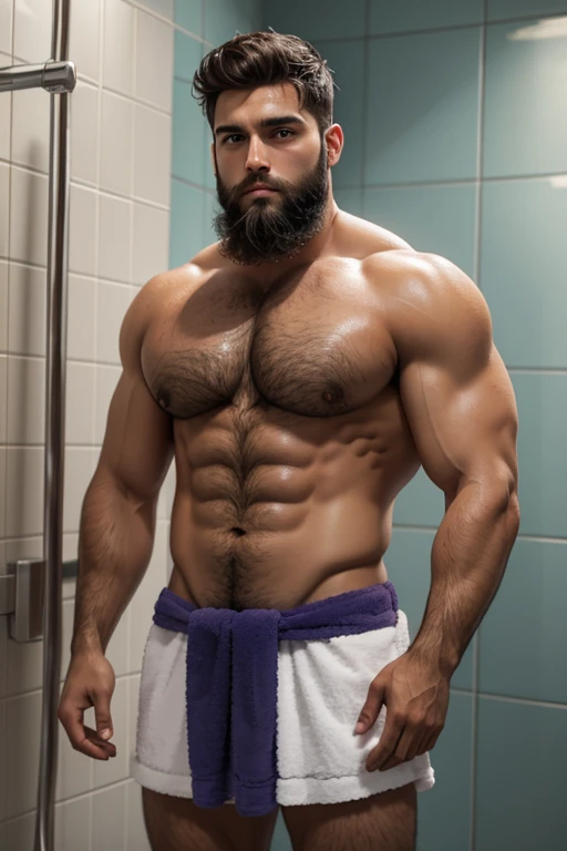 hot tan brunette male witth big pecs covered in chest hair and defined and full beard standing in a shower shirtless wearing a towel around his waist