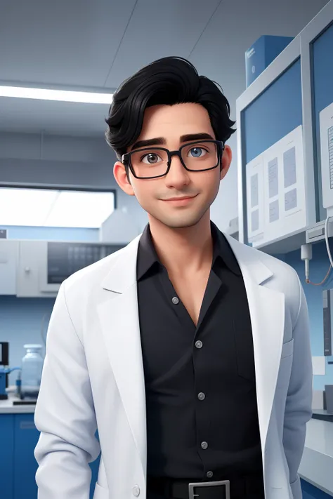 Um homem de 35 anos, with medium-sized black hair, face de diamante, olhar rigoroso, e olhos castanhos, vestindo camisa azul escuro, White coat and glasses. dentro de um laboratorio de quimica, Showing Reactants and Periodic Table.