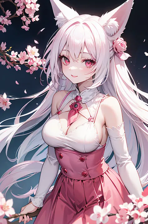 Adult woman, pale skin, Long white hair, Fox ears, pink eyes, pink eyeshadow, red lipstick, light dress, open breasts, smile, Masterpiece, hiquality, bust up, sakura,standing still