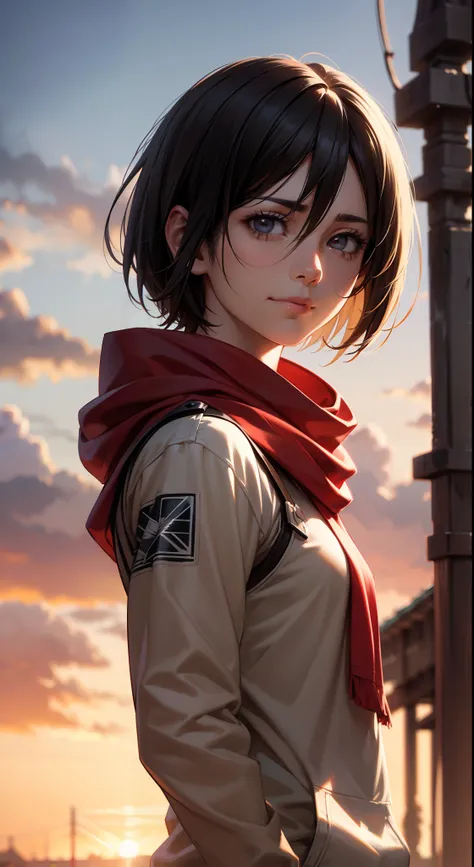 (masterpiece), (hyper realistic), attack on titan, upper body, mikasa ackerman, wearing streetwear hoodie, red scarf on the neck...