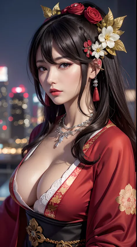 (hyper realstic)、Modern Oiran、(Female Ninja of the 21st Century)､Beautie　　high-level image quality　hight resolution　(Realistic)　Shorthair､Woman with dark hair、A MILF、Middle-aged woman、Big big、Detailed red-black 、detailed skin textures、超A high resolution、Re...