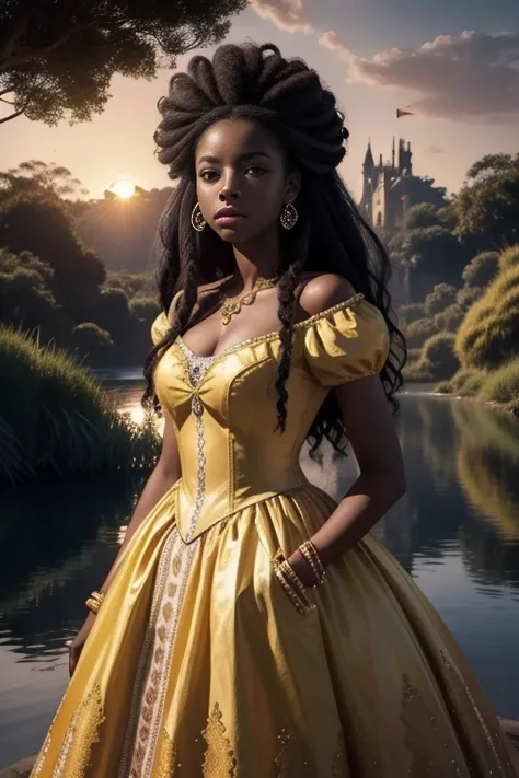 Retrato realista de una mujer africana de piel morena oscura quemada por el sol, Cabello largo:2                
 Rizado, Ropa de princesa, Long Rococo Style Cinderella,  Imagen intrigante, Imagen limpia, Al fondo un hermoso lago, Colores brillantes, cinem...