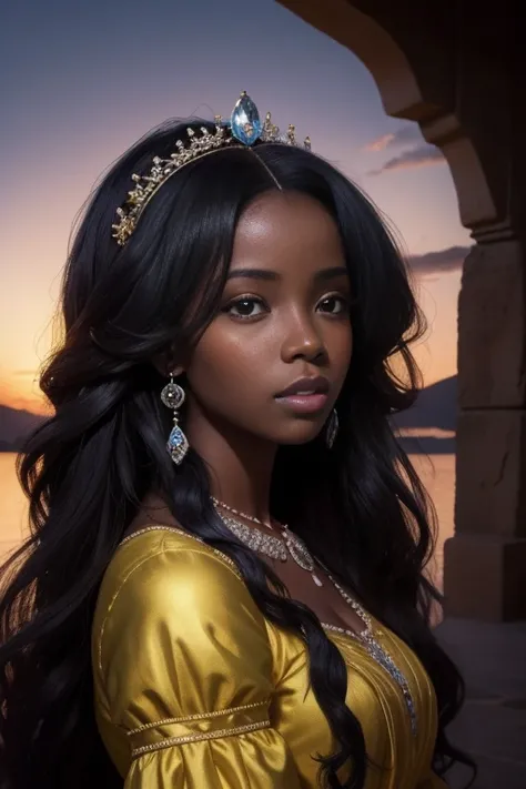 Retrato realista de una mujer africana de piel morena oscura quemada por el sol, Cabello largo:2                
 Rizado, Ropa de princesa, Long Rococo Style Cinderella,  Imagen intrigante, Imagen limpia, Al fondo un hermoso lago, Colores brillantes, cinem...