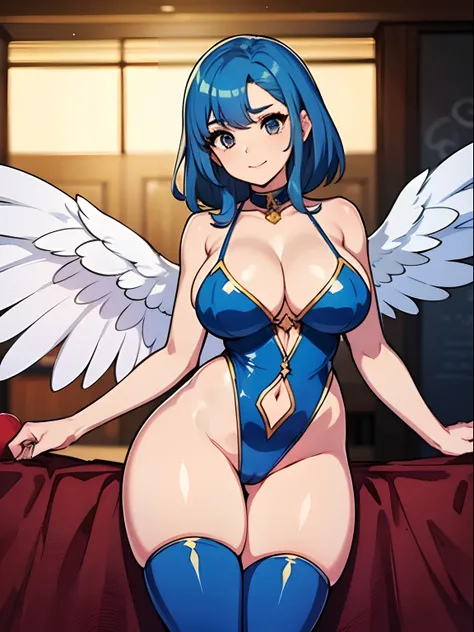 (melhor qualidade, obra-prima), 1meninas, (blue hair), (angel), Feliz, corada, rechonchuda, Fofa, emphasis on the thighs, Pose sexy, big breasts