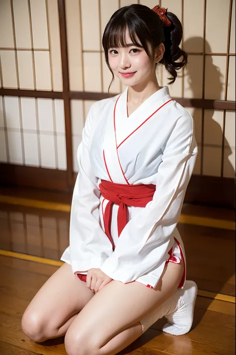 girl seiza sitting on floor in old-Japan room,red hakama-bottom,very long sheer sleeved white hakama-top,white socks,red string bow on hair,18-year-old,bangs,a little smiles,knees,low ponytail,from below