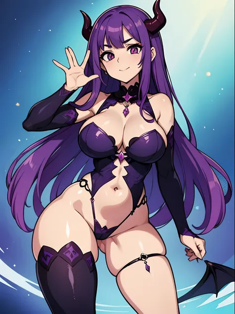 (melhor qualidade, obra-prima), 1meninas, (purple hair), (demon), Feliz, corada, rechonchuda, Fofa, emphasis on the thighs, Pose sexy, big breasts