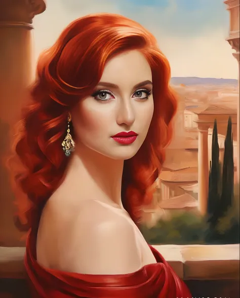 pintura de uma mulher com cabelo vermelho e brincos em um vestido vermelho, Deusa dos cabelos ruivos, pintura digital elegante, arte digital de um elegante, airbrush digital oil painting, pintura digital renascentista, mulher ruiva, pintura de bonito, lind...