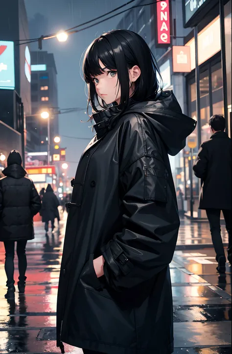 1girl, black hair, Night City, rain, coat, hands in pockets