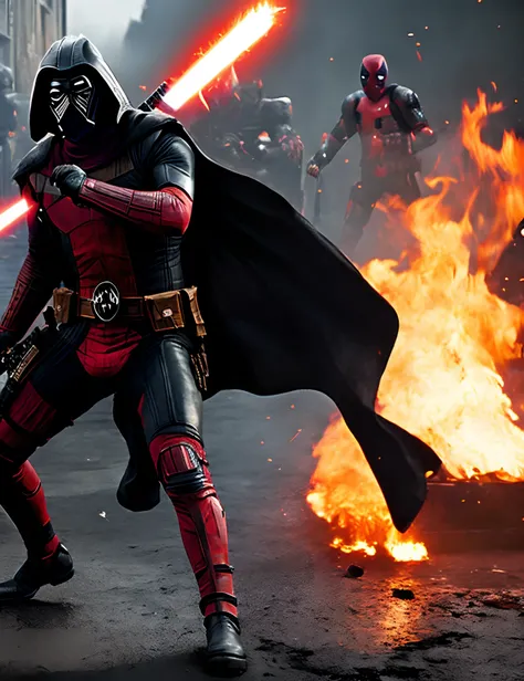 Kylo Ren deing killed by Deadpool while master chief and super Mario dance in the background