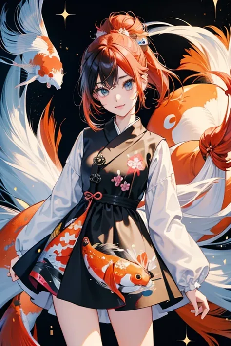 anime style; 3d; glitter; female; human koi;  dress with koi print