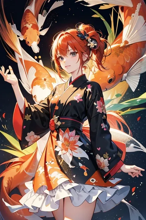 anime style; 3d; glitter; female; human koi;  dress with koi print