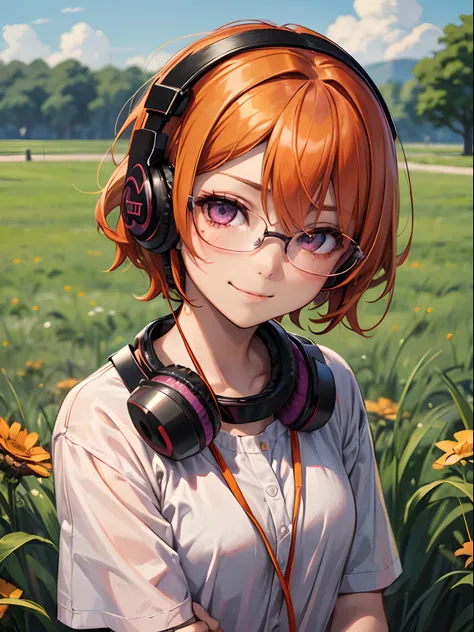 high-level image quality、Reddish-purple eyes、 Short hairstyle、Straight short、Orange hair、Kawaii Girl、Wearing headphones around your neck、 Wearing glasses、grass field、Dark Tone、Shy smile, Vibrant colors、The upper part of the body, Delicate drawing、