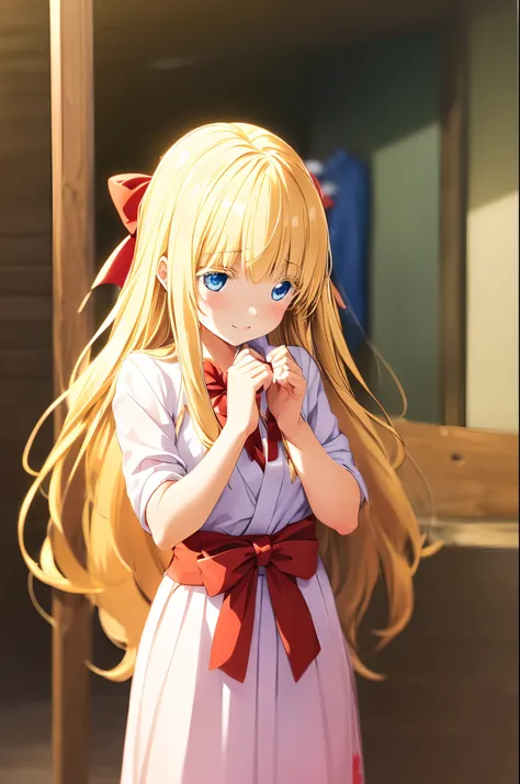 (((Cute blonde woman, long hair with red bow, Blue eyes))), cute red yukata, Geta, 8k, very detailed, heart earring, put their hands together to make a heart in a cute pose