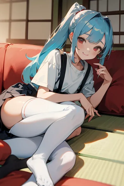 Young girls，double-ponytail，Pale blue hair，red color eyes，JK school uniform，solo person，Maid skirt，white stockings，White knee-length socks，Suspenders，looking to the camera，in a panoramic view，Lying on the couch，Five black males，White T-shirt，denim pant，Smi...