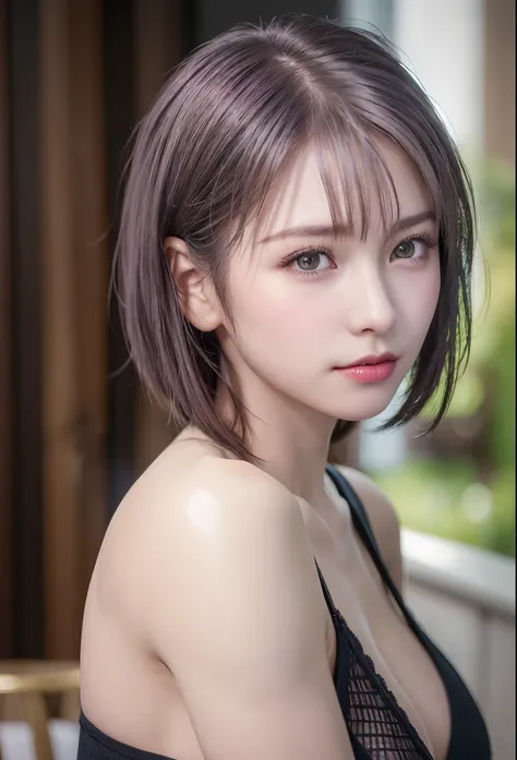 (8K, Photorealistic, Raw photo, of the highest quality: 1.3), (1girl in), Super beautiful, (Realistic face), (boyish, Silver Color Berry Shorthair), Beautiful , Glare that captivates the viewer, Beautiful expression, Beautiful breasts, (Realistic skin), Be...