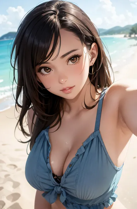 girl in summer clothes, top shot,((selfie)), brown eyes, random background, kiss, beautiful, medium breasts, flirtatious look, ((very detailed)), (perfectly detailed face), (well detailed hand), photorealistic image.