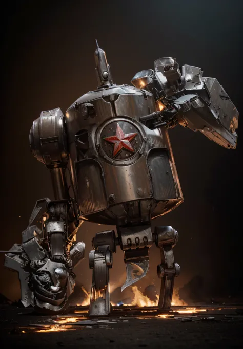 heavy armored retro-Soviet dieselpunk style mechanical robot, matte red color, dented metal texture, in the center it has a metallic red star, with one of its hands it holds part of a war tank, it is in a modern city completely destroyed Fire, destroyed ta...