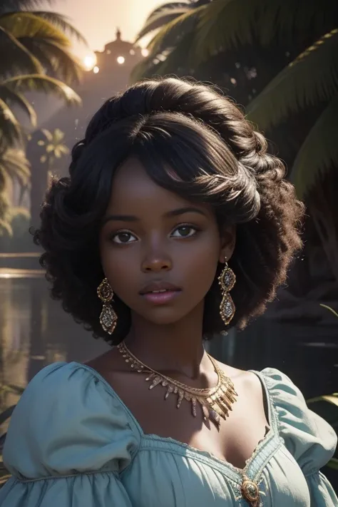 Retrato realista de una mujer africana de piel morena oscura quemada por el sol, Cabello largo:2                
 Rizado, Ropa de princesa, Long Rococo Style Cinderella,  Imagen intrigante, Imagen limpia, Al fondo un hermoso lago, Colores brillantes, cinem...