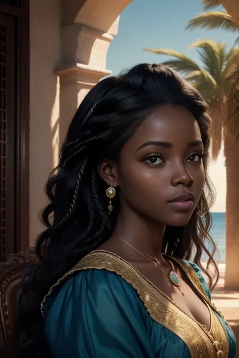 Retrato realista de una mujer africana de piel morena oscura quemada por el sol, Cabello largo:2                
 Rizado, Ropa de princesa, Long Rococo Style Cinderella,  Imagen intrigante, Imagen limpia, Al fondo un hermoso lago, Colores brillantes, cinem...