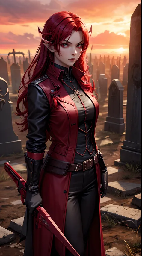 Vampire Hunter, Crimson Shuriken Rifle, Red Hair, Gothic Coat, Graveyard, Skeleton, Crimson Sky, Wonder Weapon, 3D, Realistic, HDR, Very Detailed, HD, Background, RTX, 2K, Masterpiece.