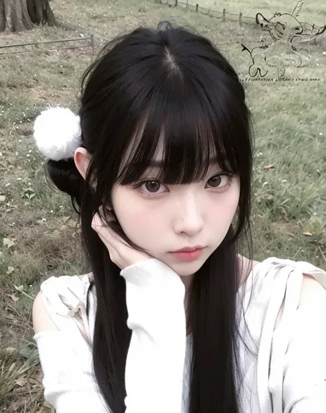 Arafed Asian girl with long black hair and a white shirt, preto hime corte cabelo, Ulzzang, branco hime corte penteado, Menina anime na vida real, O corte Hime, Sui Ishida com cabelo preto, cabelo arrumado com franja, Ela tem cabelo preto com franja, bonit...