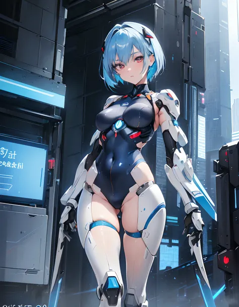 ((Masterpiece, Highest quality)), Detailed face, Beautiful face， full bodyesbian, Full of details, Highly detailed, Depth, Beautiful girl with piblue hair，short blue hair，Sick，White pupils，The legs are very thin，The legs are long, red eyelashes, ​masterpie...