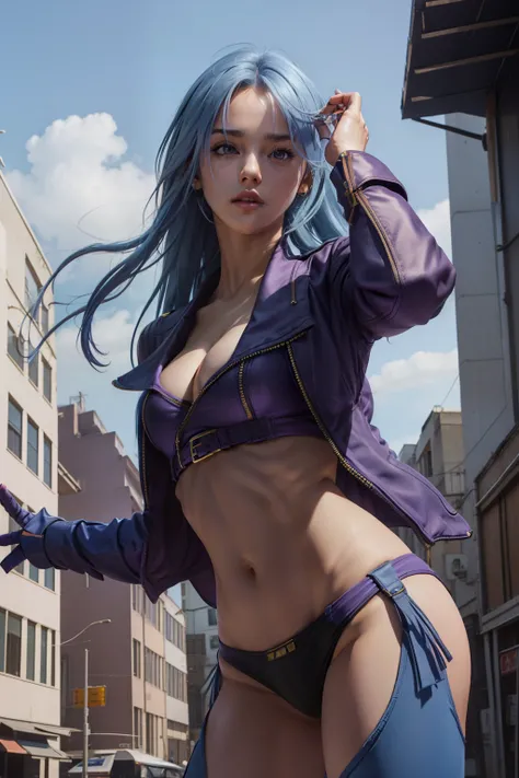 upper body, 1 girl, (AngelMs:1.2), small breasts, panties, midriff, facing side, looking at viewer, (cleavage), thong, string panties, purple thighhighs, (very long hair), (light blue hair), purple eyes, purple jacket,