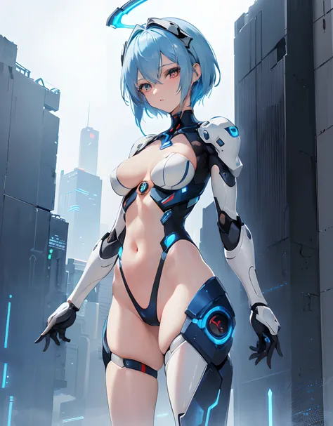 ((Masterpiece, Highest quality)), Detailed face, Beautiful face， full bodyesbian, Full of details, Highly detailed, Depth, Beautiful girl with piblue hair，short blue hair，Sick，White pupils，The legs are very thin，The legs are long, red eyelashes, ​masterpie...