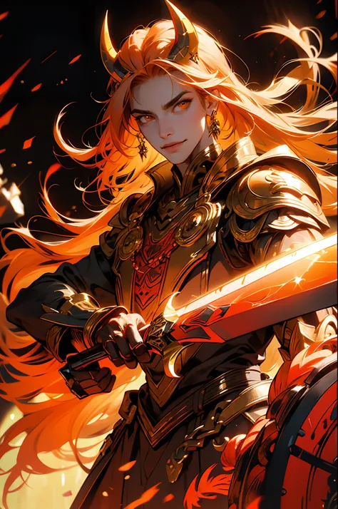 Gold armor, berserker potrait, male barbarian, fantasy art, From his look alone enemies starting to panic, one head,devilish smile, Hell beast, demon, white-fire Sky, warrior, with scythe and shield, beutiful, men, Werelion, long braided red Hair, glowing ...