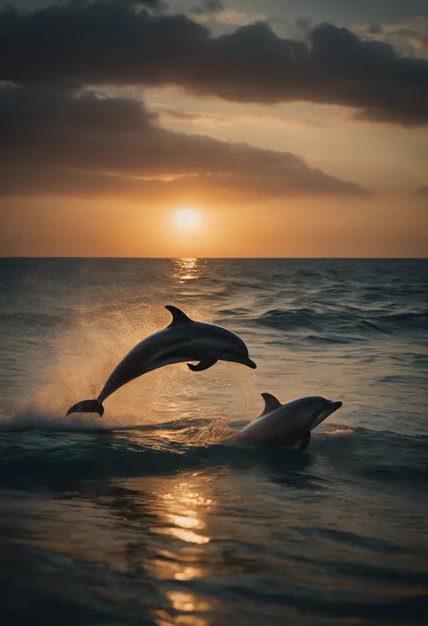 Best Quality, masuter piece, 超A high resolution, (Photorealistic:1.4), Raw photo, Professional Lighting, high-level image quality, high-detail, ​masterpiece、a dolphin、Jumping、the ocean、Mare、Sunset in the background