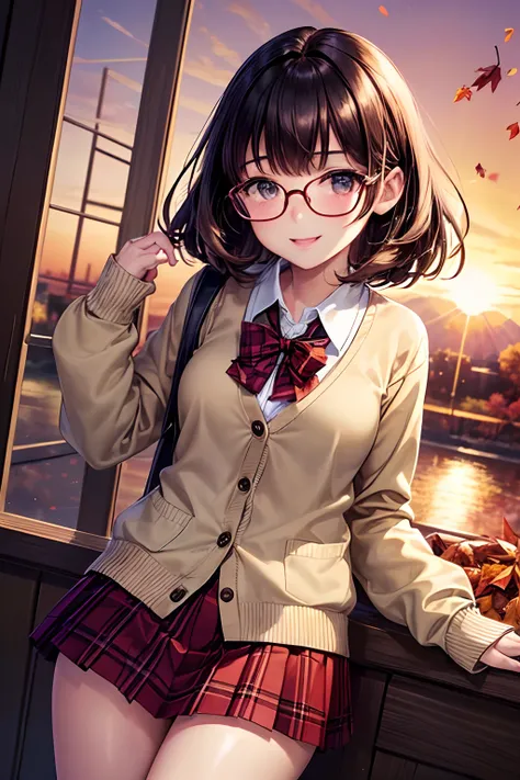 ((worst quality, low-quality)), ((a closeup)), (girl with:1.2), (A dark-haired, short-cut:1.3), (Dynamic Pose:1.2), (School Uniforms:1.2), (Body-fitting beige cardigan:1.4), ((Long sleeve, sleeves past wrists):1.2), (White collar shirt underneath:1.3), ((R...